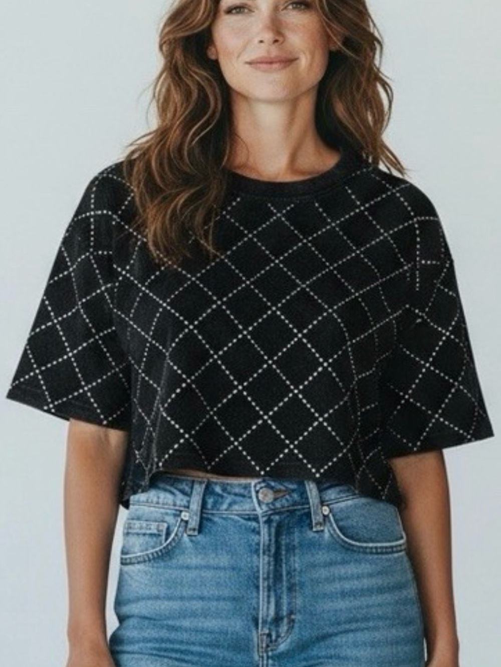 LoveDen Boutique- Galita Black Diamond-Grid Crop Tee - Women